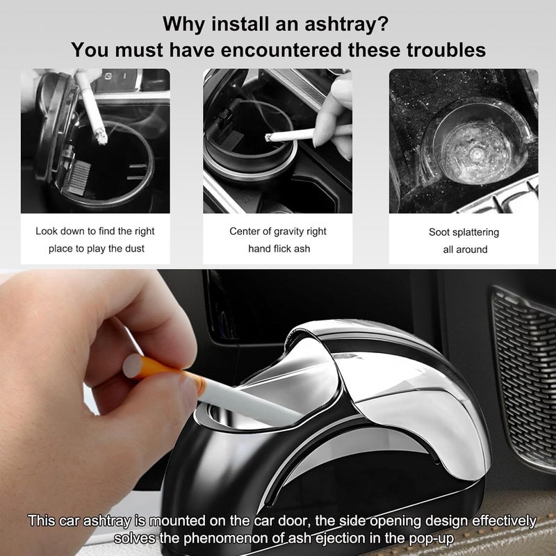 Wevdn Car Ashtray with Lid, Portable Smokeless Car Door Cigarette Ashtray with LED Light, Windproof Automotive Ash Tray for Most Car Home Office Outdoor Use, Car Accessories (Silver & Black) - Image 4